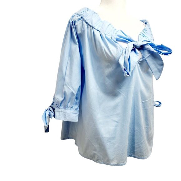 Light Blue Womens Off-Shoulder Blouse With Bow Tie Details & 3/4 Sleeves Size M - Picture 3 of 15